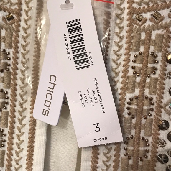 Chico’s embellished Ecru embroidered linen jacket - Picture 5 of 8